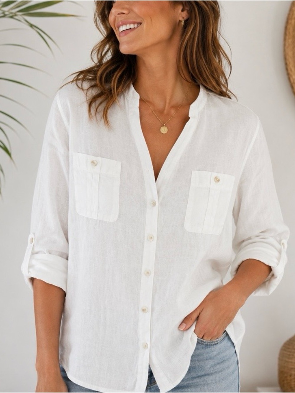 Isaac Mizrahi women’s 100% linen shirt size L roll-tab sleeve beachy coastal